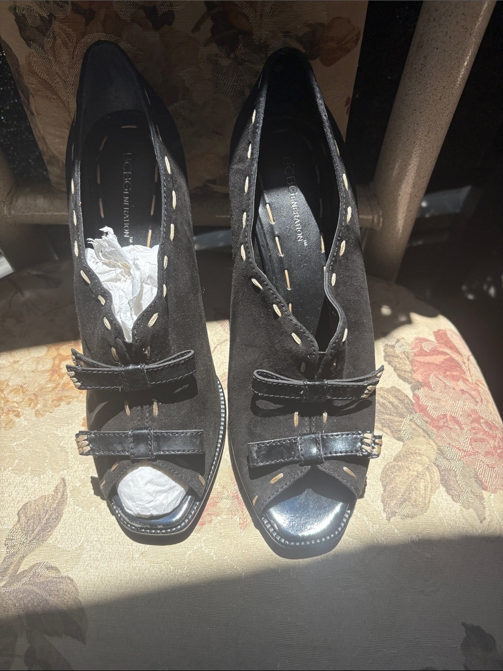 BCBGeneration Black Suede Peep-Toe Heels with Bow Accents